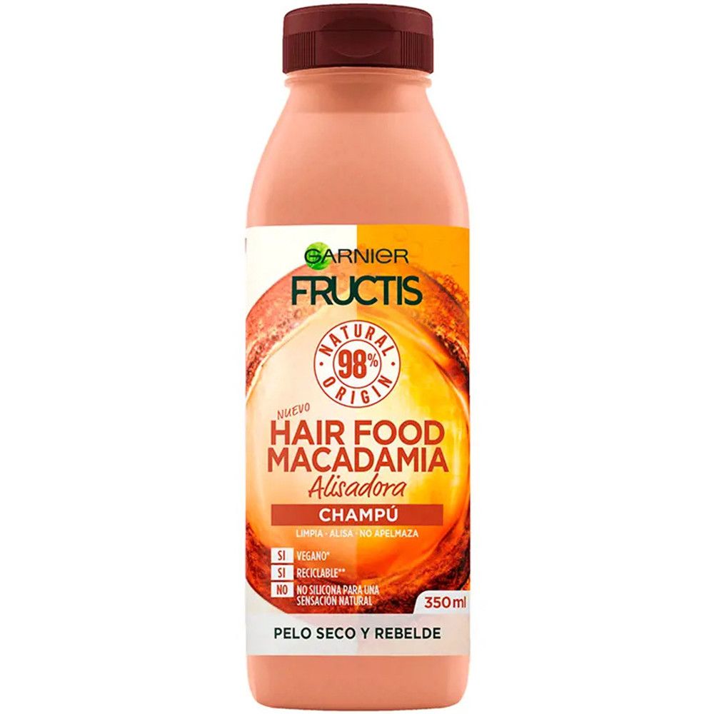 Bouteille de shampooing Garnier Fructis Hair Food, rose, avec bouchon marron. Étiquette avec nom du produit et indication 350ml.