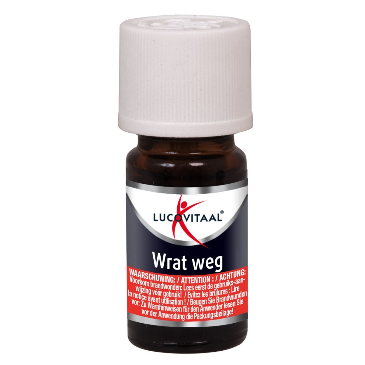 Petite bouteille marron avec bouchon blanc. Étiquette avec logo et nom du produit : Wrat weg. Contient des avertissements.