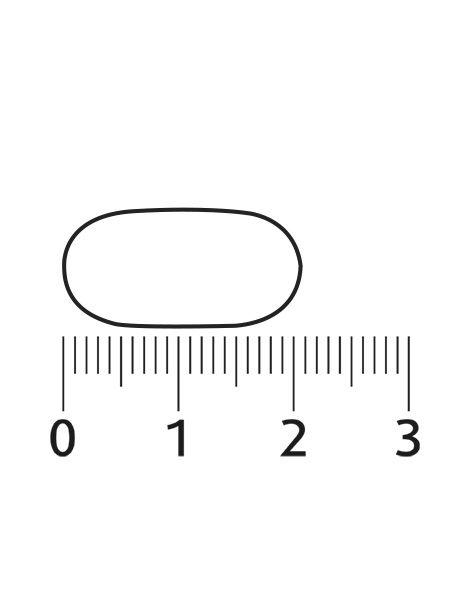 Zwart omrande, ovale tablet naast een liniaal met centimeter markeringen van 0 tot 3.