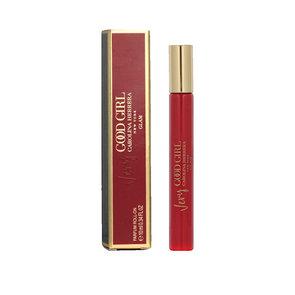 Flacon roll-on rouge et emballage rectangulaire. Inscription "Very Good Girl" et "Carolina Herrera".