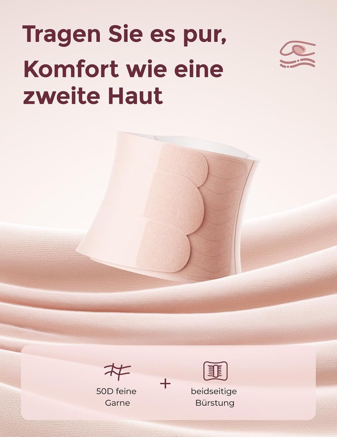 Opgerolde buikband van zachte stof, die comfort belooft.