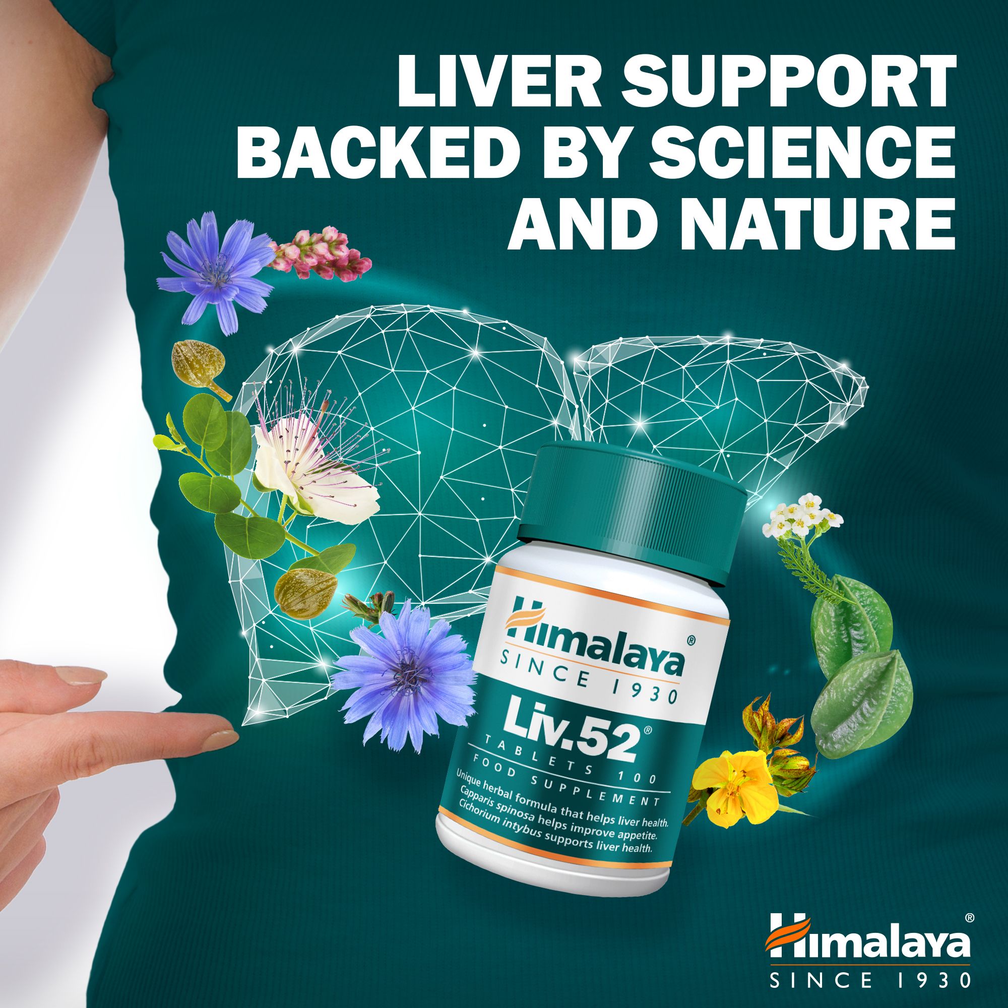 Himalaya Liv.52 tabletten. Groen-witte fles met geel etiket. Tekst: Liv.52, tabletten, 100. Illustratie van lever en kruiden.