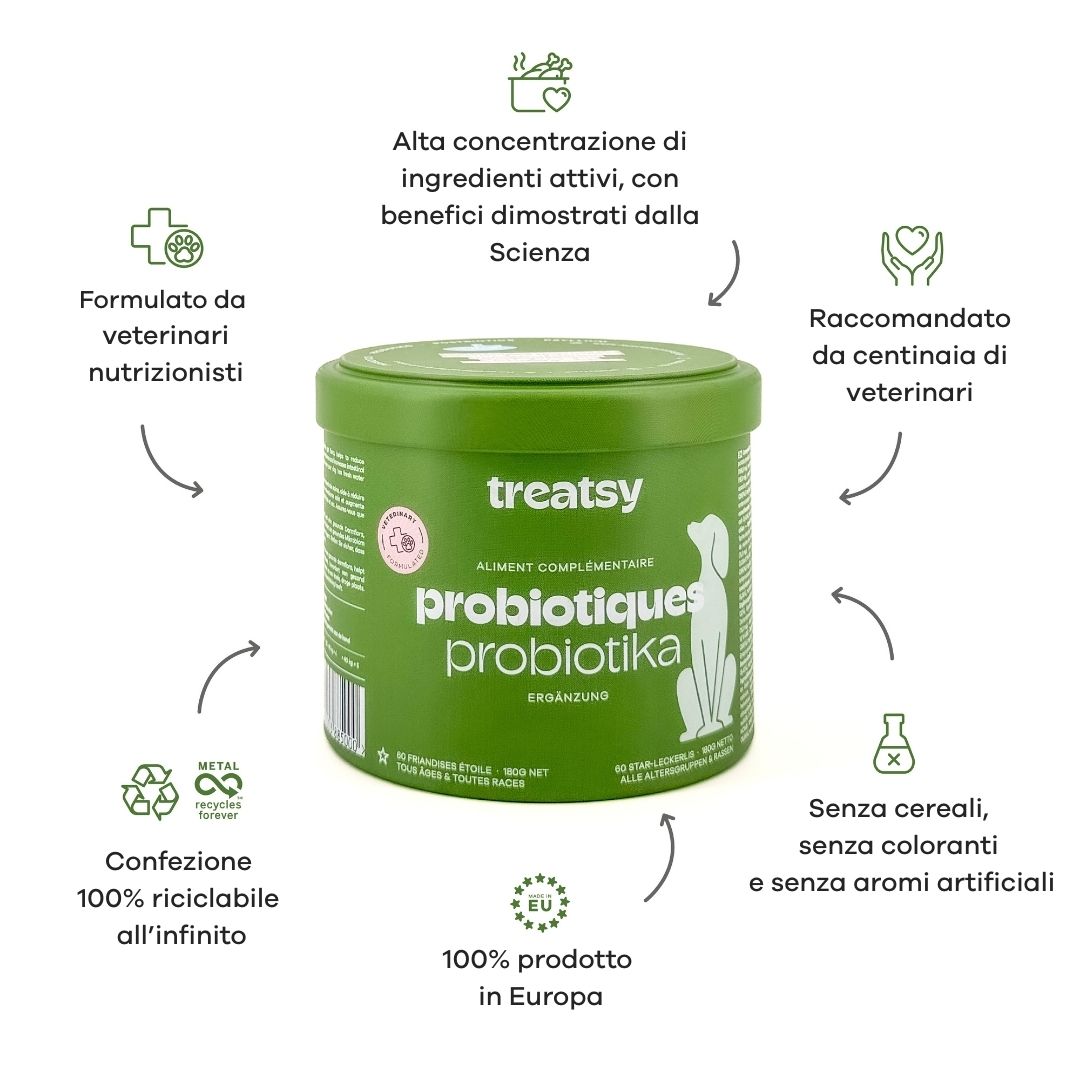 Boîte verte « Treatsy Probiotiques ». Diagramme avec avantages. 100% recyclable. Sans céréales, colorants, arômes. Fabriqué en Europe.