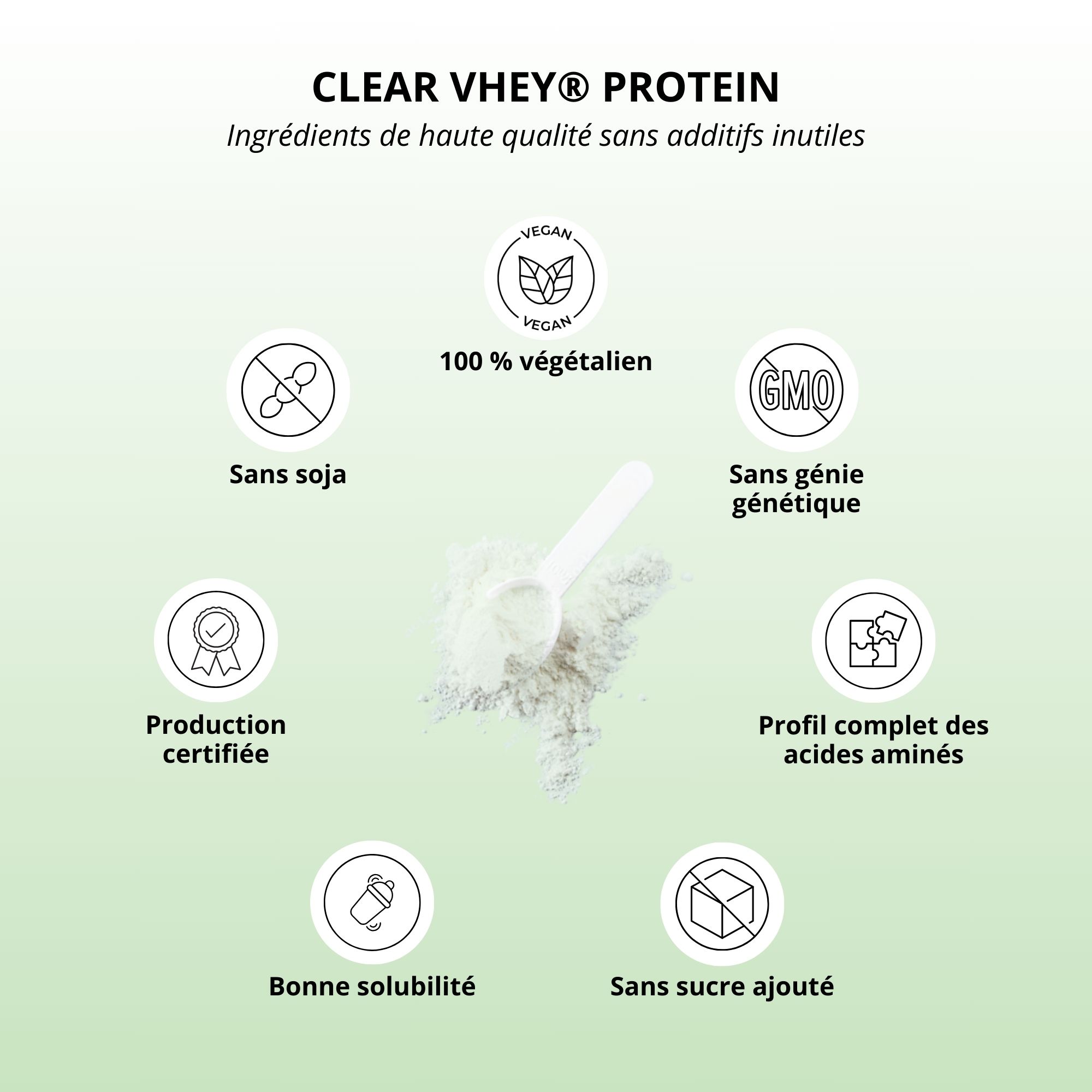 Disposition circulaire de symboles et de texte. 100% végétalien, sans soja, sans OGM, production certifiée.
