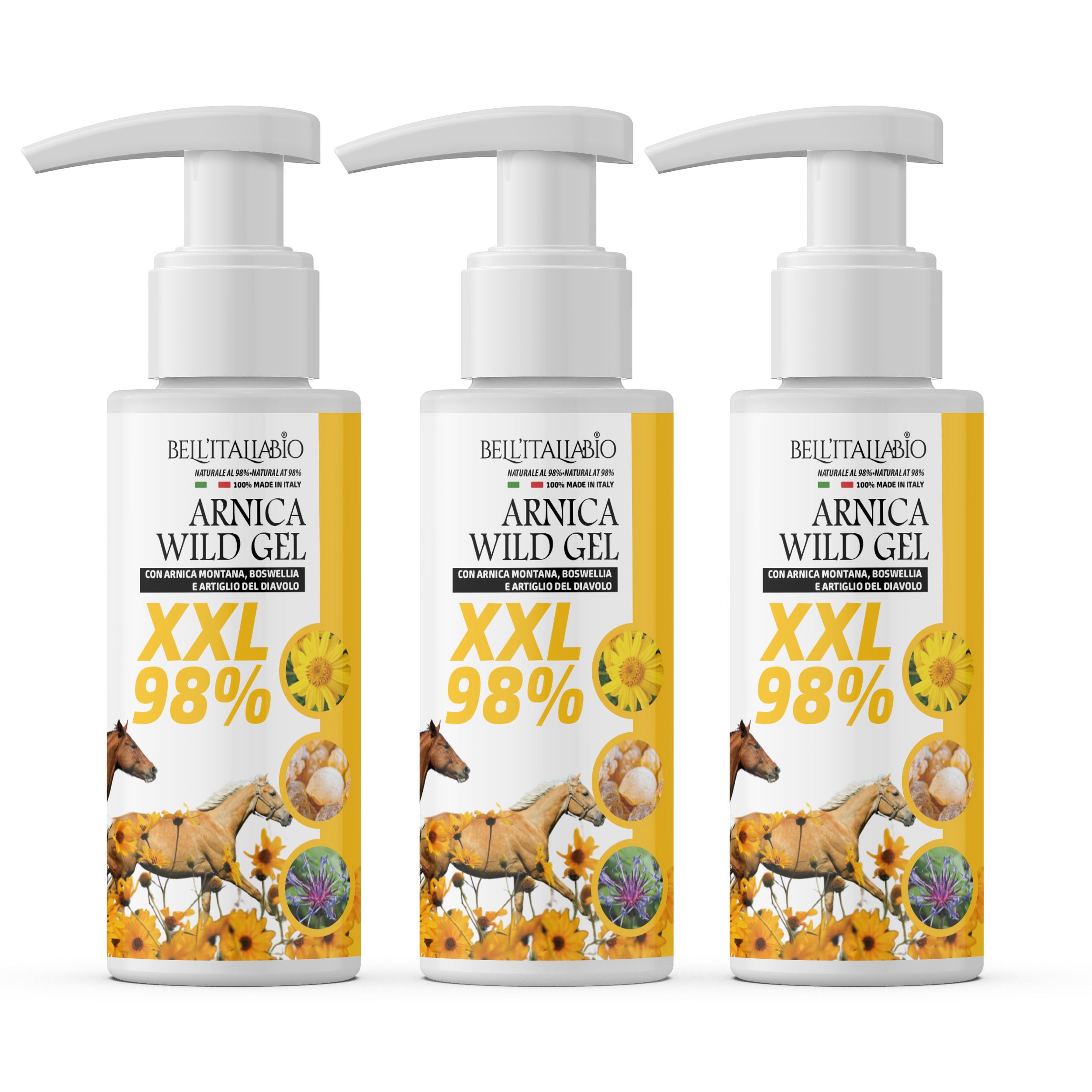 Drie flessen BellItaliabio Arnica Wild Gel. Witte pompflesjes met gele etiketten. Opschrift: Arnica Wild Gel, XXL 98%.