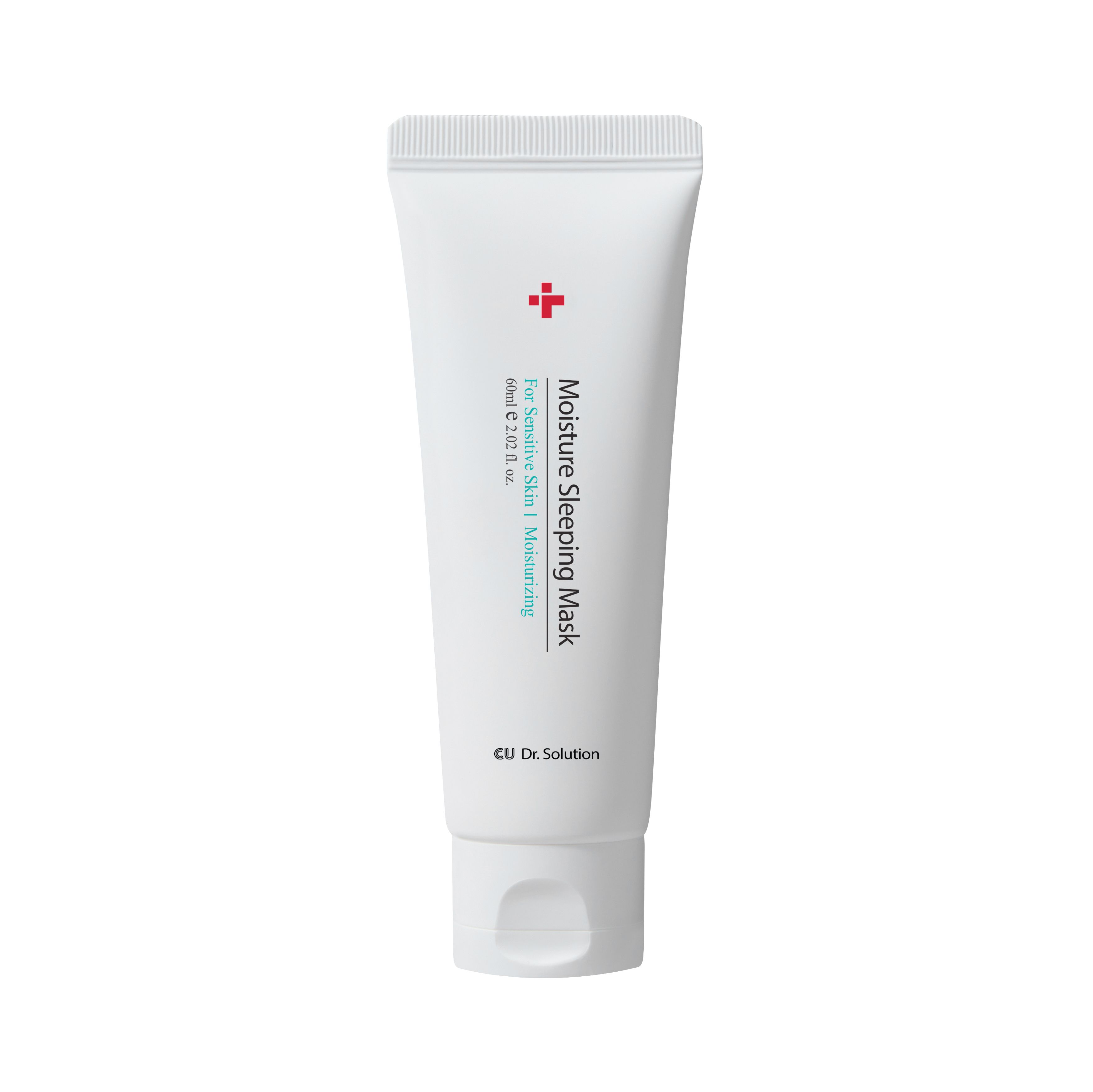 Witte tube met rood kruis en tekst "Moisture Sleeping Mask". Voor gevoelige huid. Van CU Dr. Solution.