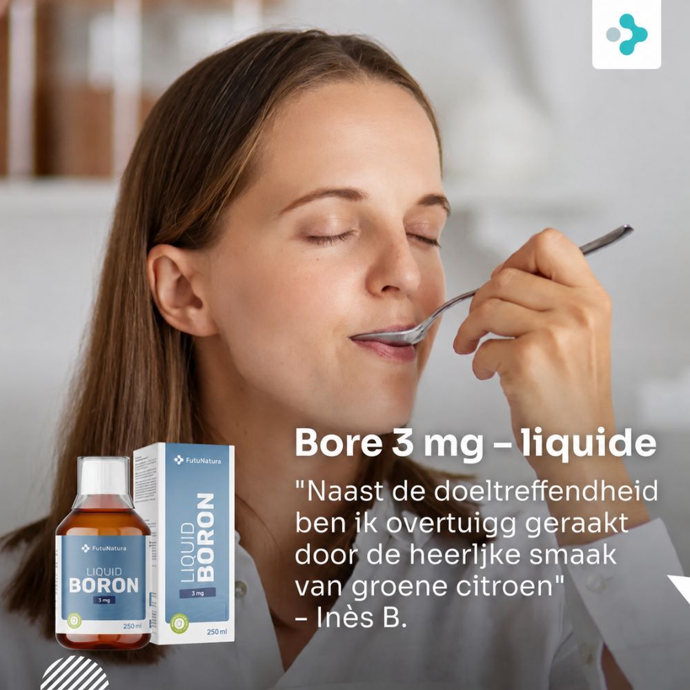 Vrouw die met een lepel eet. Fles en doos met vloeibaar boron supplement.