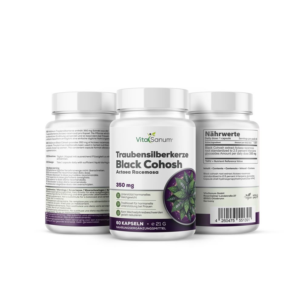 Drie VitaSanum® flessen met Traubensilberkerze Black Cohosh capsules. 60 capsules. 350 mg. Witte plastic flessen met witte doppen.