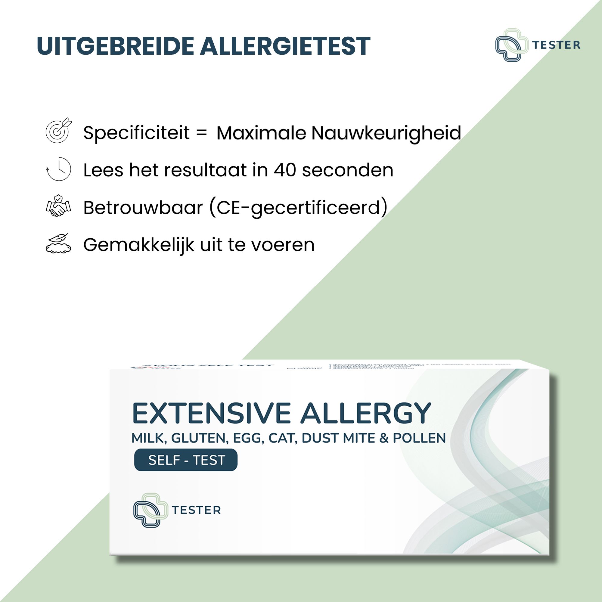 Emballage avec texte 'UITGEBREIDE ALLERGIETEST'. Infos sur spécificité, résultat en 40 sec, fiabilité (CE), facilité d'utilisation.