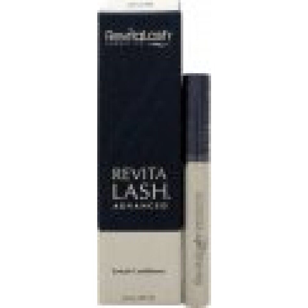 Donkerblauwe verpakking en zilveren tube. Opschrift: RevitaLash Advanced. Logo.