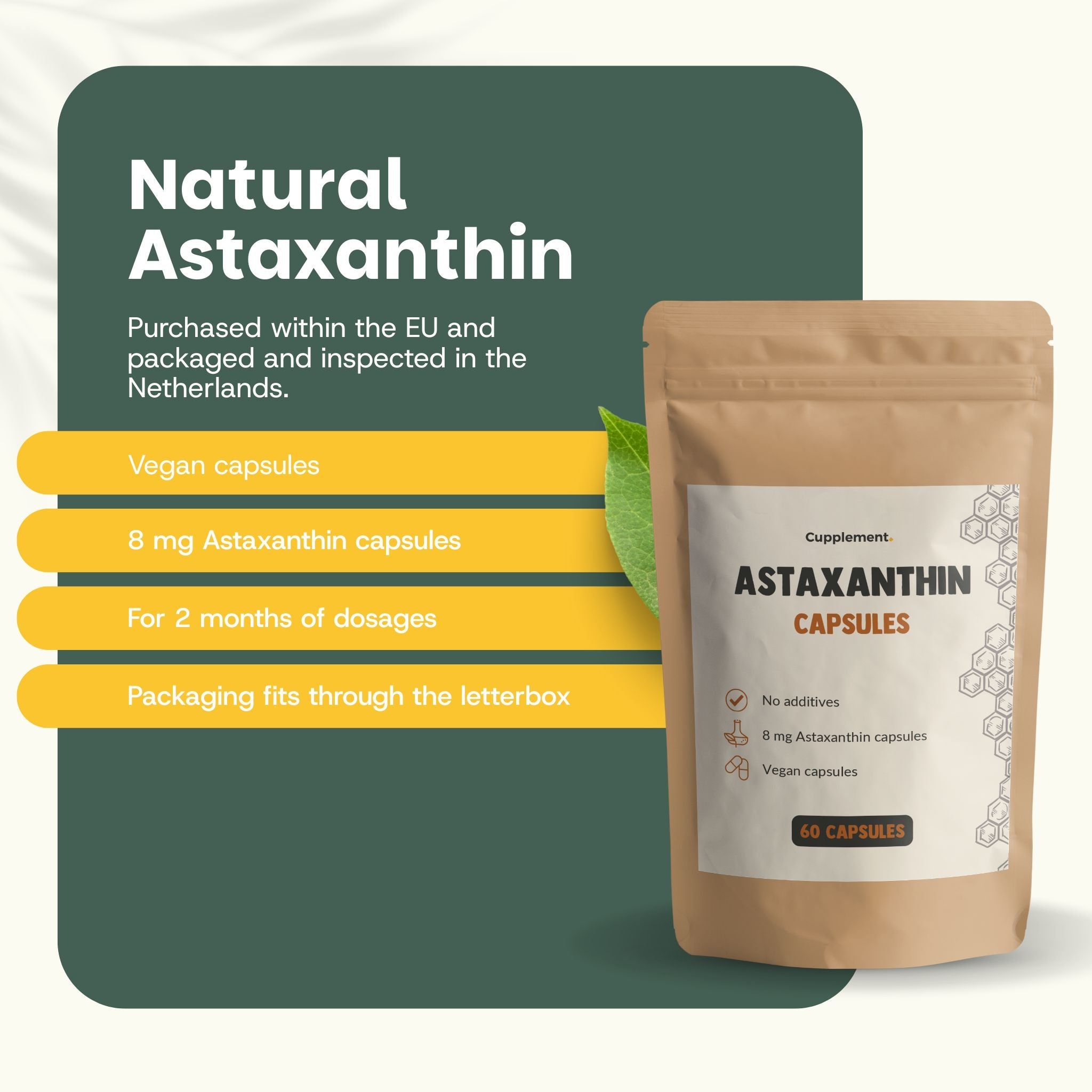 Sachet marron avec gélules d'astaxanthine. Texte : « Gélules d'astaxanthine ». 60 gélules. Végétalien. 8 mg d'astaxanthine.