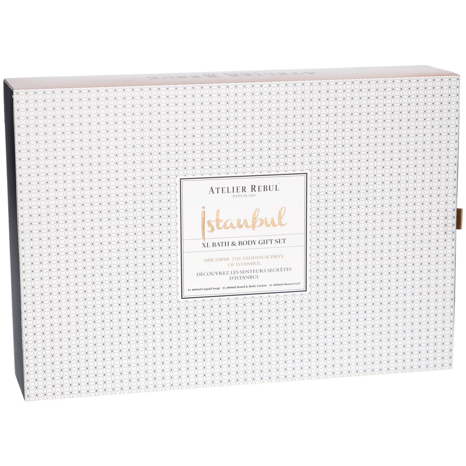 Coffret cadeau Atelier Rebul Istanbul XL Bath & Body. Motif blanc à pois et texte doré. Fermeture dorée sur le côté.