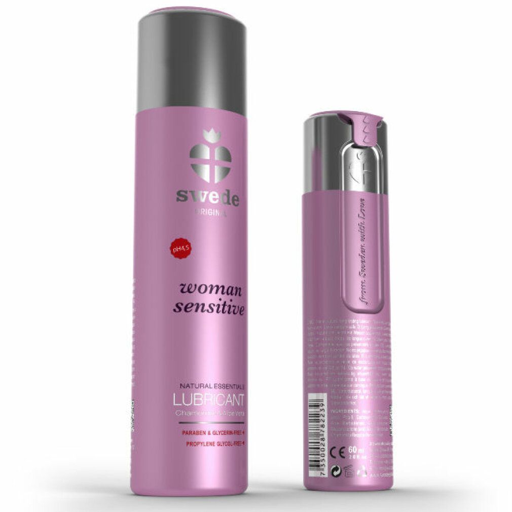 Twee Swede Original Lubricant Woman Sensitive flessen, één geopend.