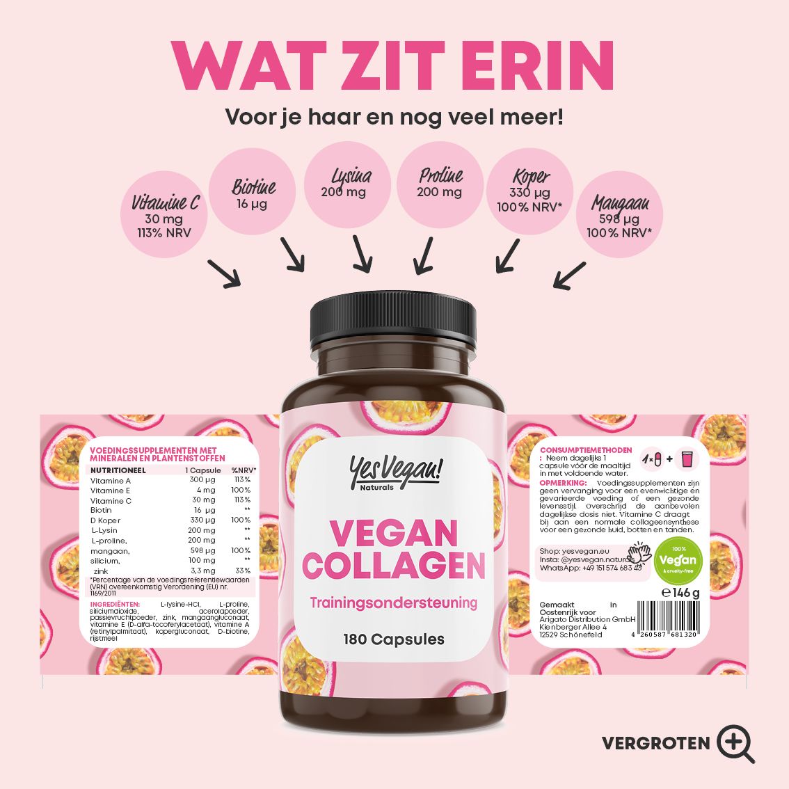Productinformatie "Wat zit erin" voor "Vegan Collagen": ingrediënten en voedingswaarden.