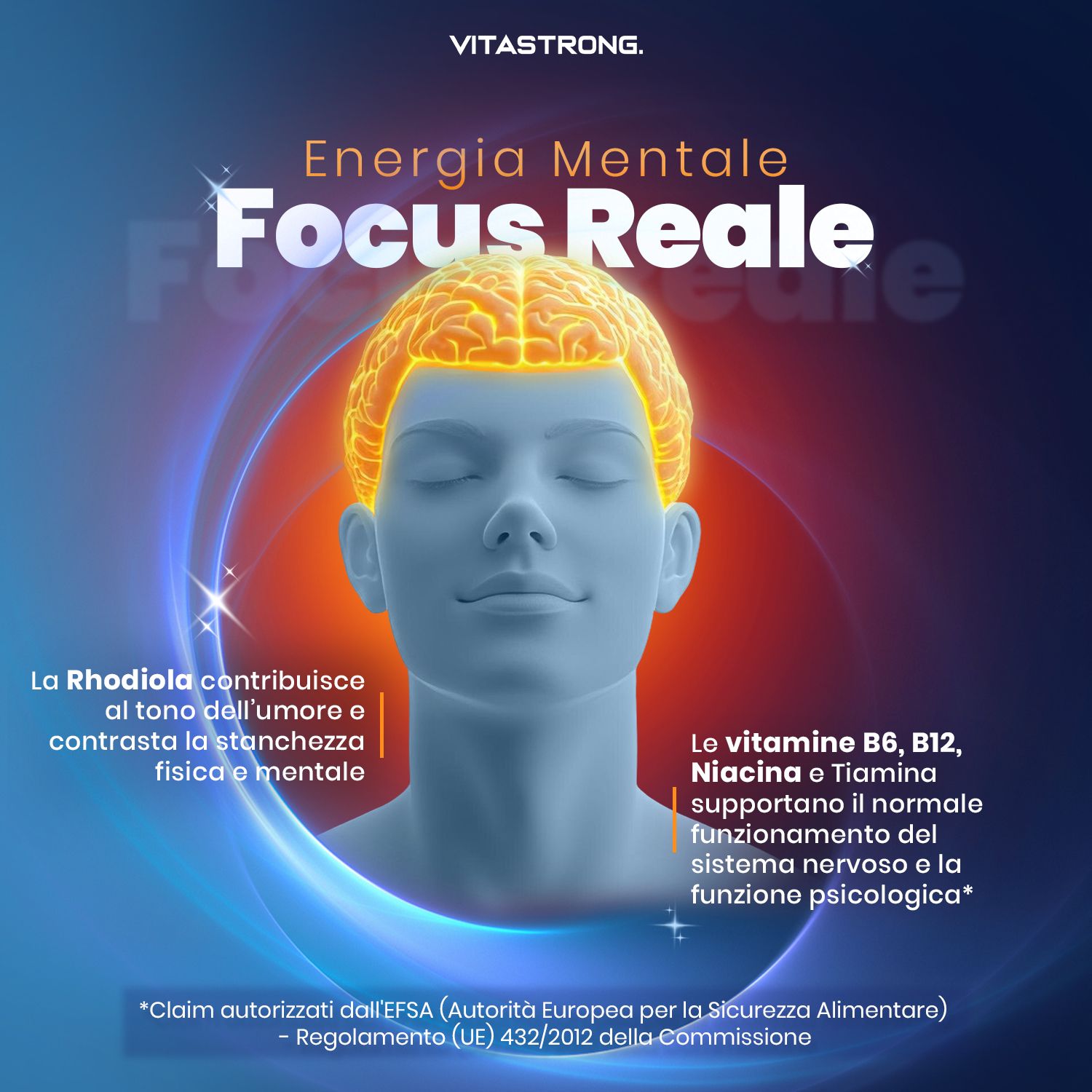 Afbeelding met een hoofd dat een oplichtend brein toont. Tekst: Focus Reale, Energie Mentale. Informatie over ingrediënten.