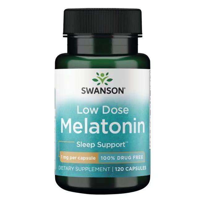 Flacon vert de gélules. Inscription: SWANSON, Low Dose Melatonin, 1 mg par gélule, 120 gélules.