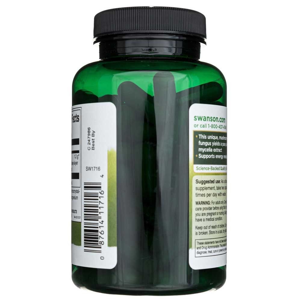 Côté d'une bouteille verte de SWANSON Cordyceps, avec informations sur le soutien énergétique.