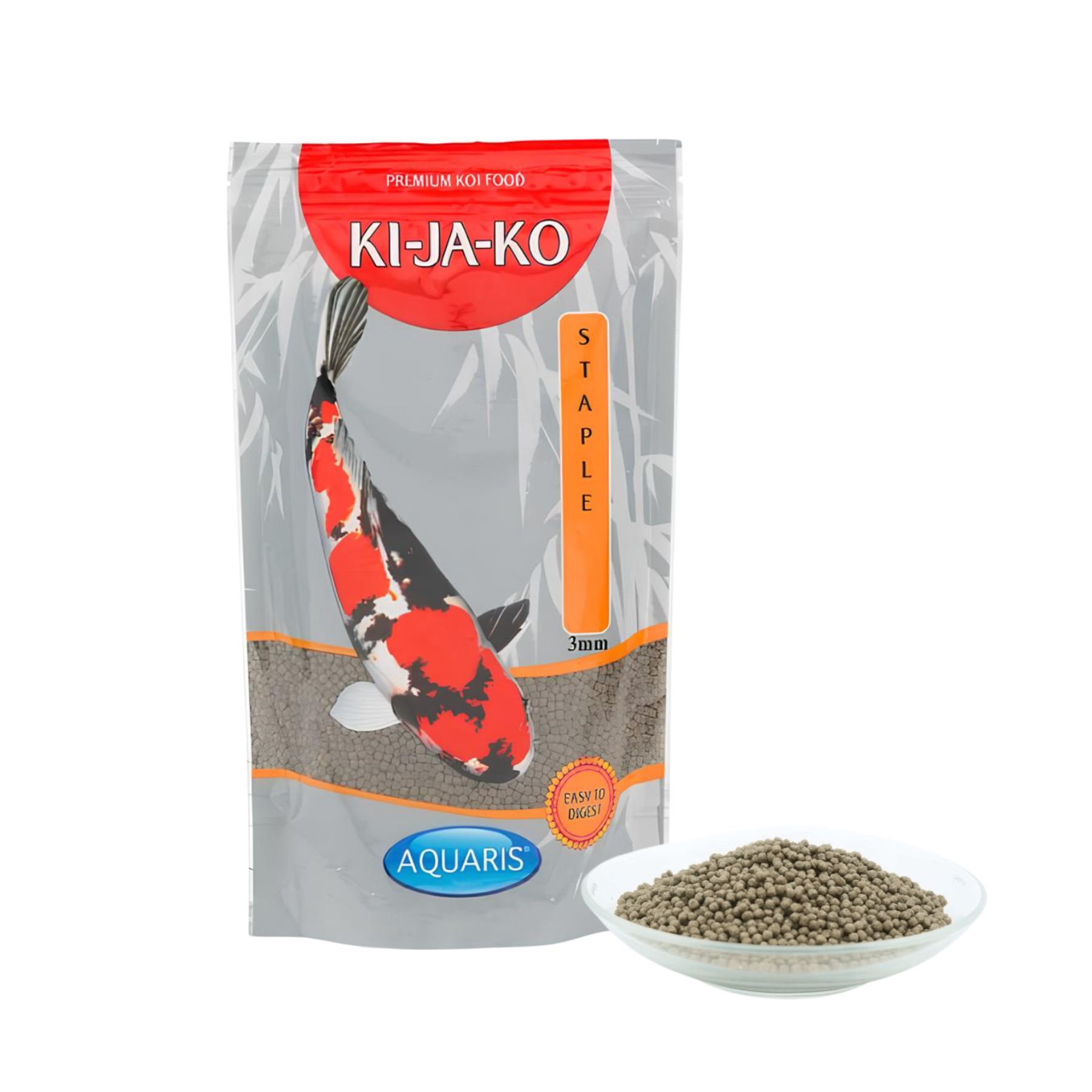 Emballage de KI-JA-KO Koifischfutter Staple 1 kg / 3mm. Illustration d'une carpe koï. Bande orange avec texte.