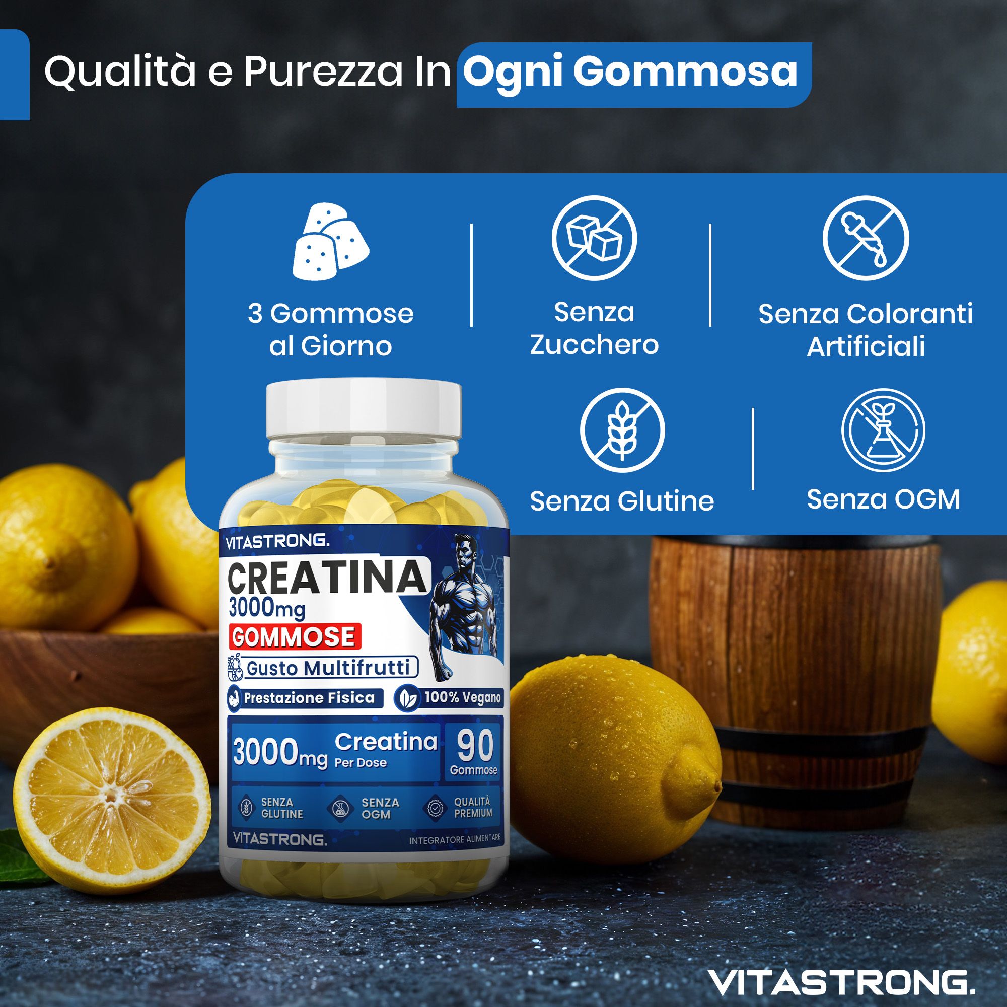 Vitastrong Creatina Gommose, 90 gommes. Sans sucre, gluten, OGM et colorants artificiels.