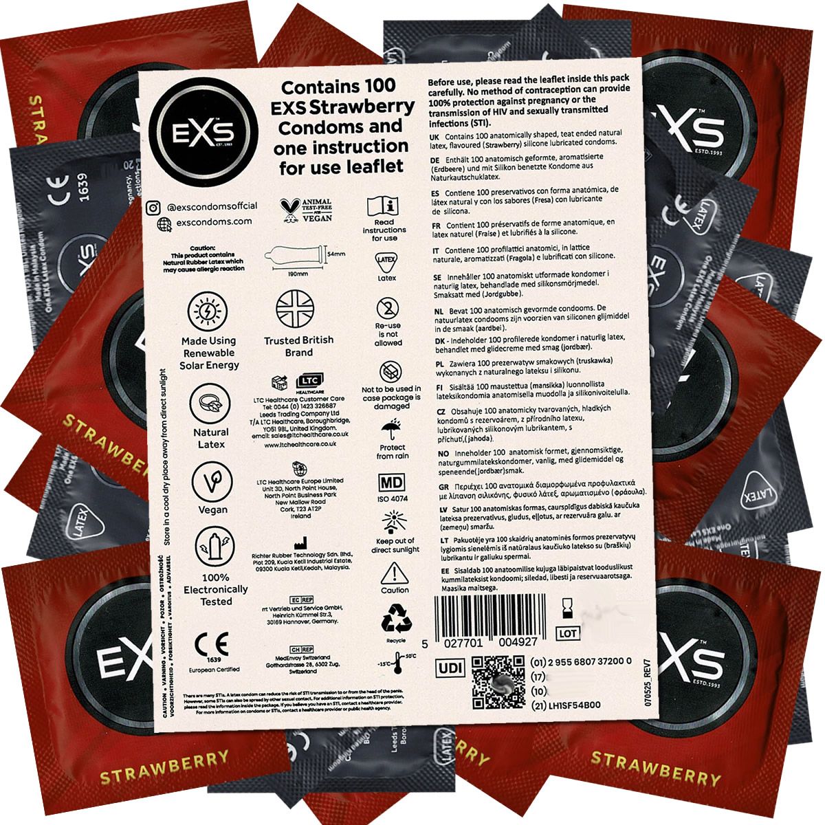 Condooms verpakking met EXS logo en aardbei design. Bevat 100 condooms en instructies. Tekst: Strawberry, Vegan, CE-markering.