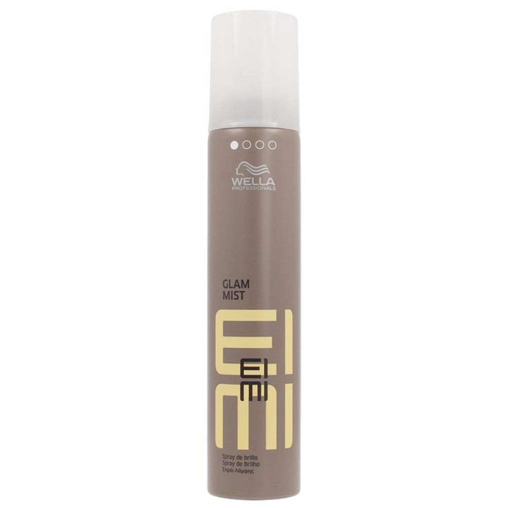 Bruine spuitfles met witte dop. Opschrift: Wella, Glam Mist, Eimi. Glansspray.