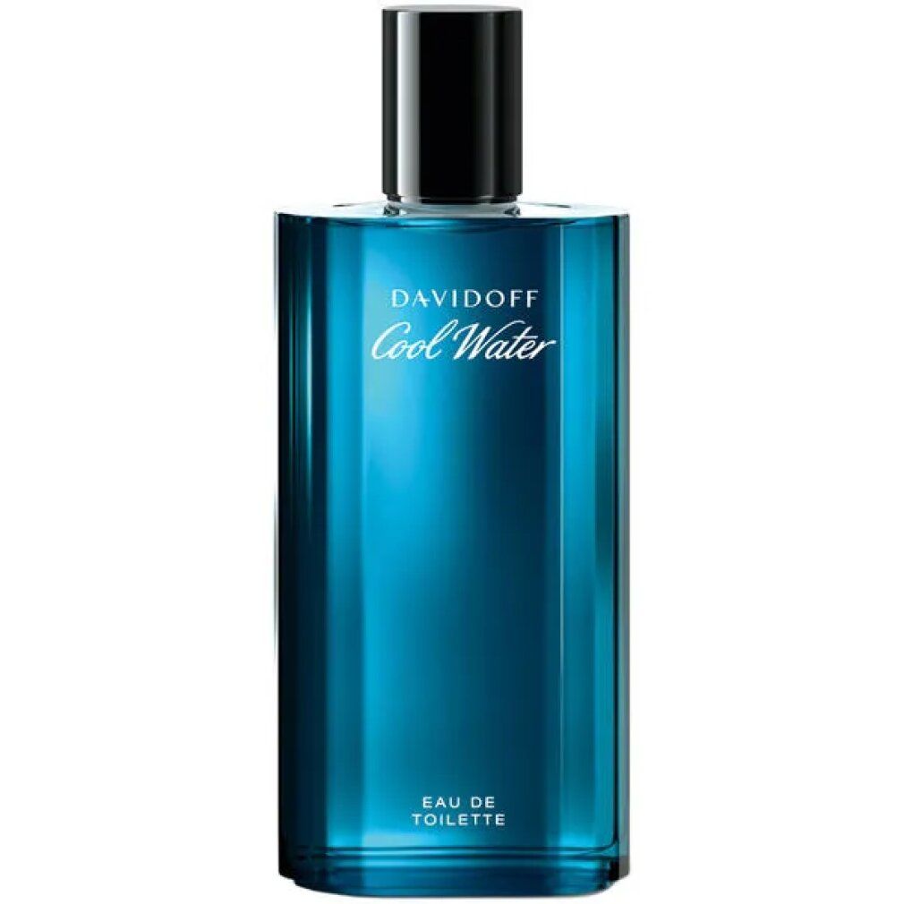 Flacon Davidoff Cool Water Eau de Toilette. Verre bleu, bouchon noir. Inscription blanche et informations sur le produit.