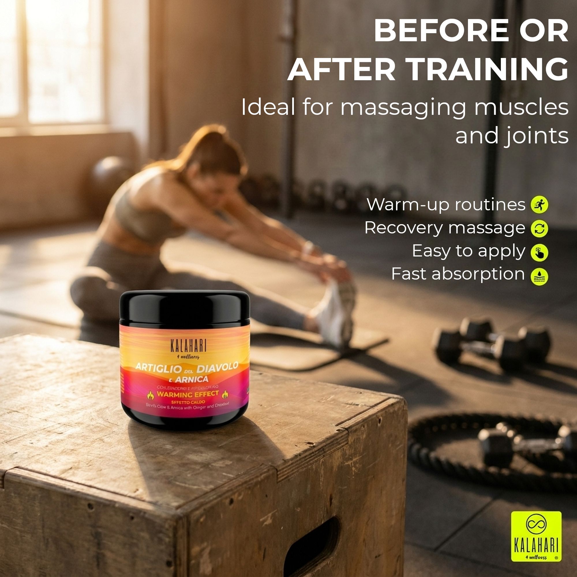 Man krijgt een rugmassage. Een pot Duivelsklauw + Arnica met "Warming Effect"-symbool.