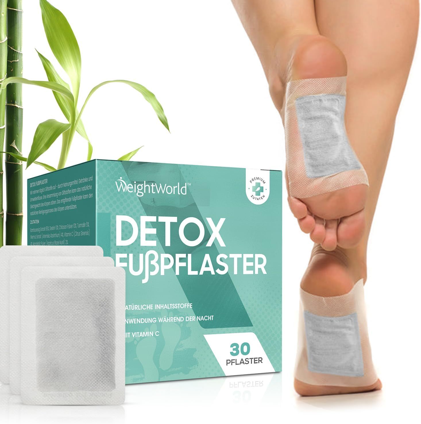 WeightWorld Detox Voetpleisters, 30 stuks. Pleisters op voeten, naast verpakking en bamboe. Kwaliteitszegel.