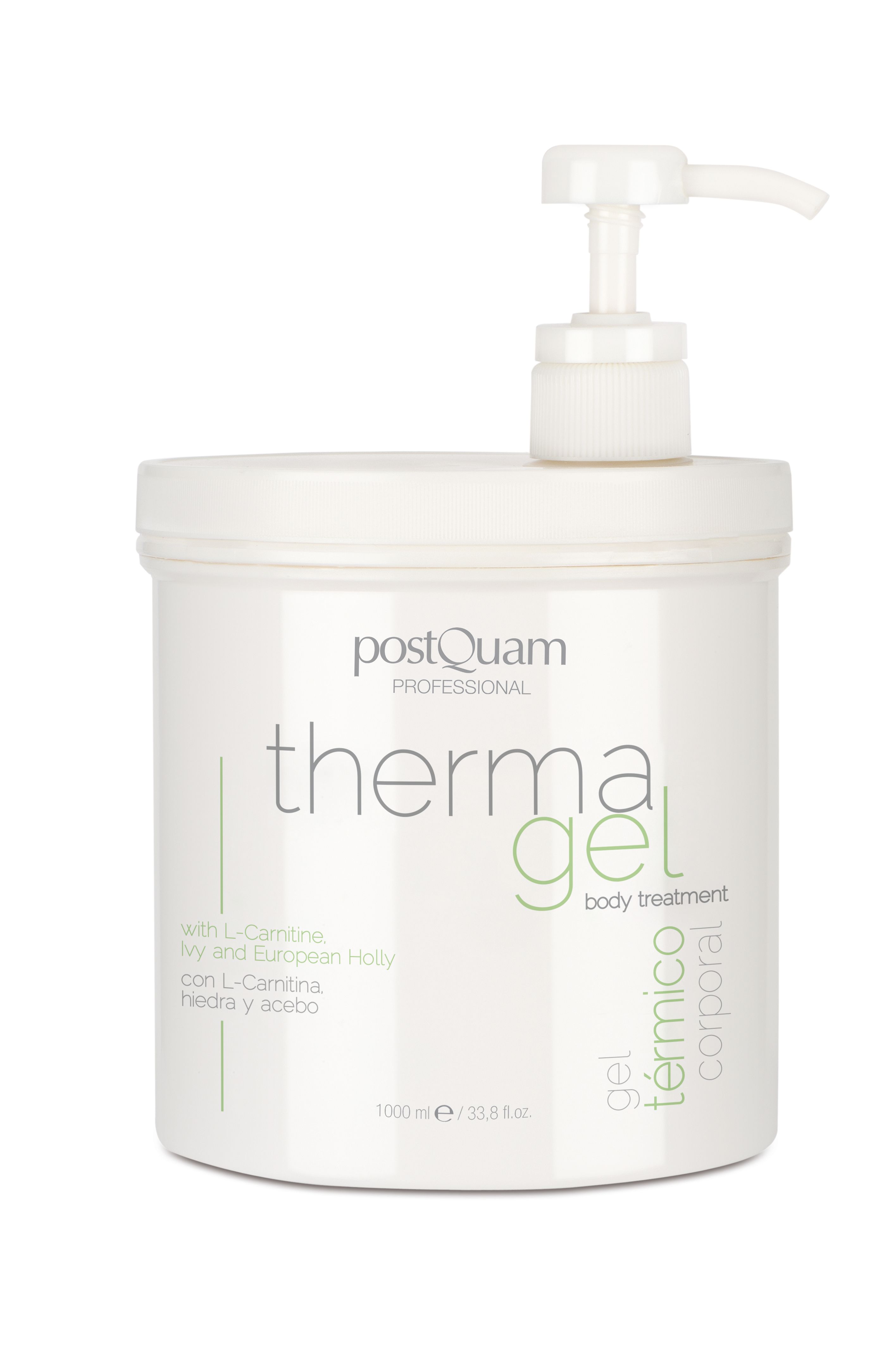 Witte pot met pomp. Opschrift 'PostQuam therma gel'. 'body treatment'. Volume: 1000 ml.