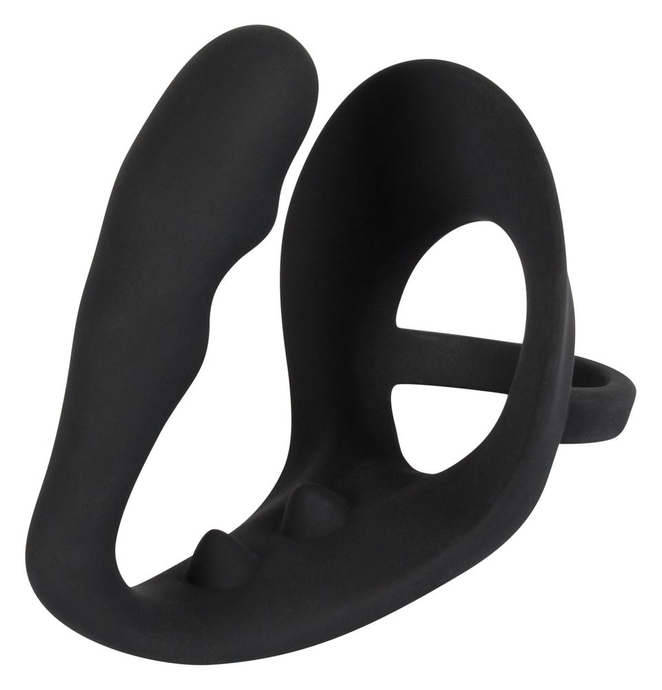 Anneau pénien noir avec plug intégré et deux picots.