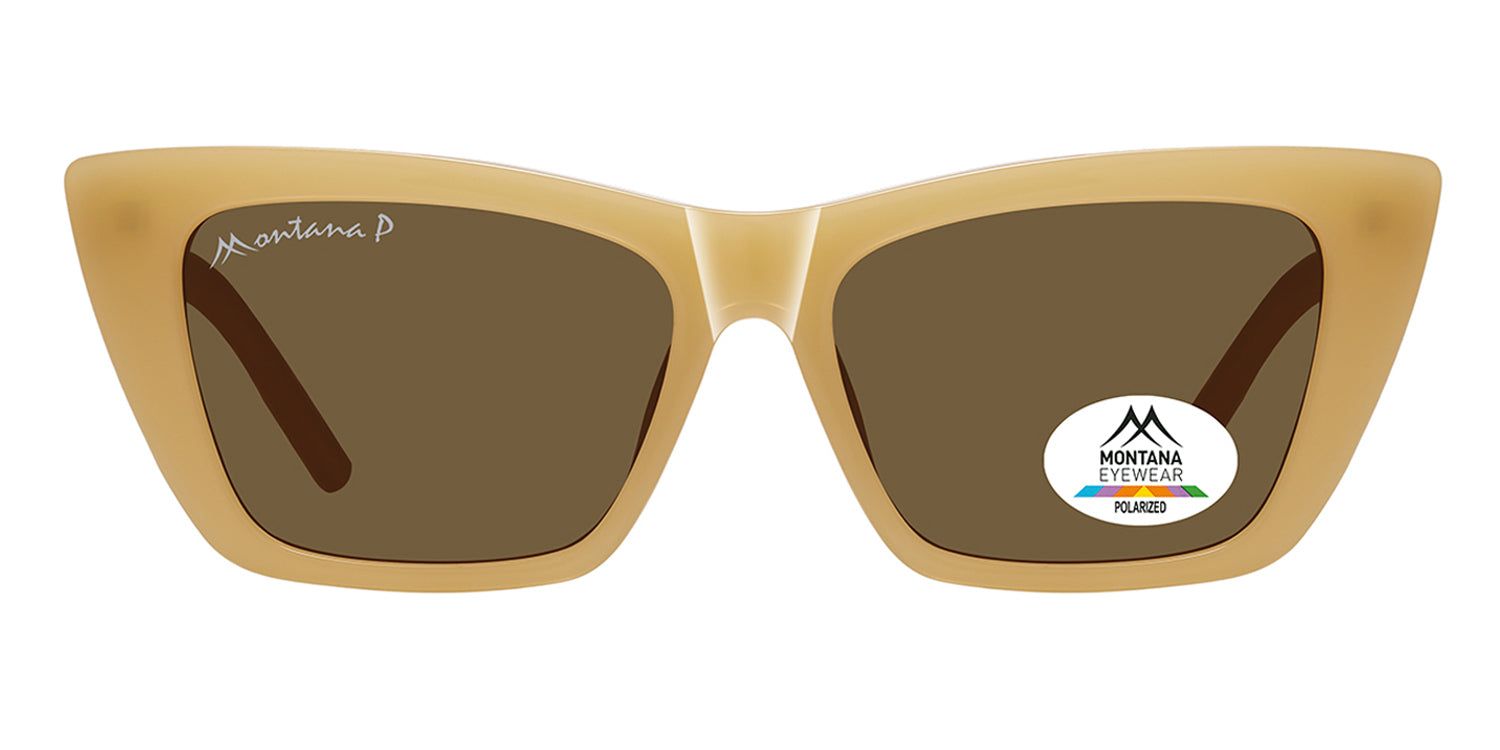 Zonnebril met bruine glazen en beige montuur. Montana Eyewear logo op het glas. Gepolariseerd.