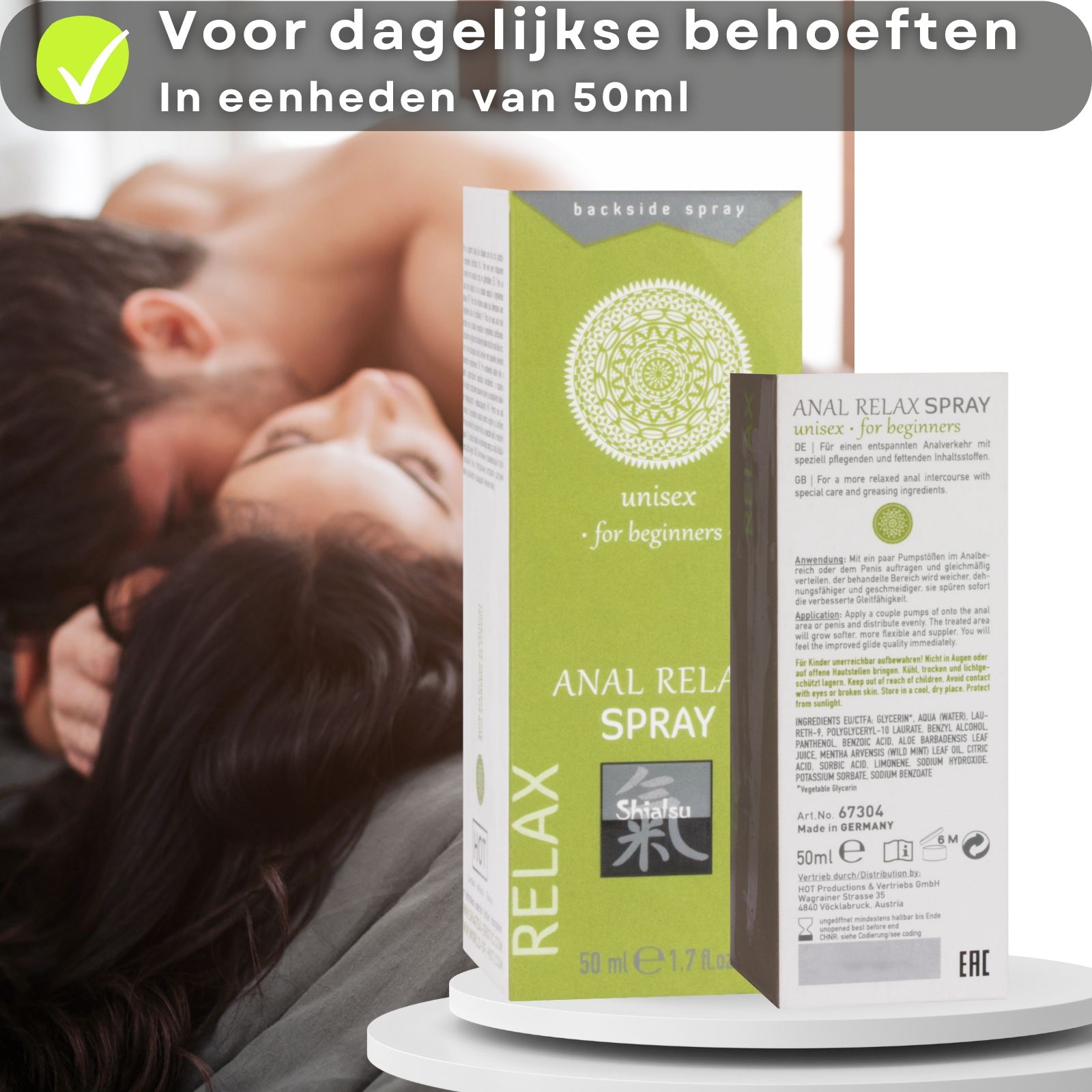 Witte fles en paar. Opschrift: ANAL RELAX SPRAY, unisex, Shiatsu. 50 ml. Tekst.