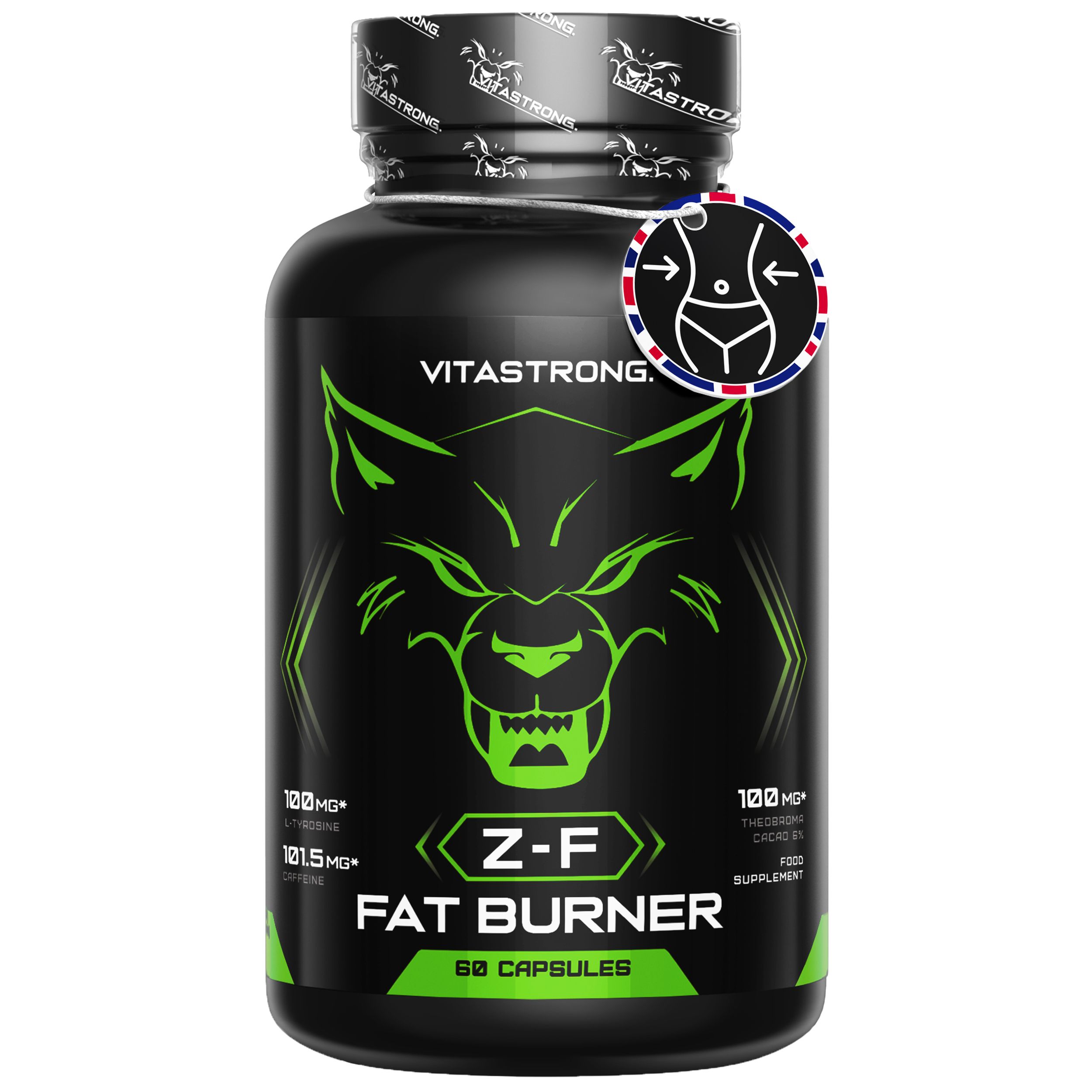 Flacon noir, étiquette verte. Texte: Z-F Fat Burner, 60 capsules. Logo Vitastrong. Design loup. Contient 100mg et 121.5mg.