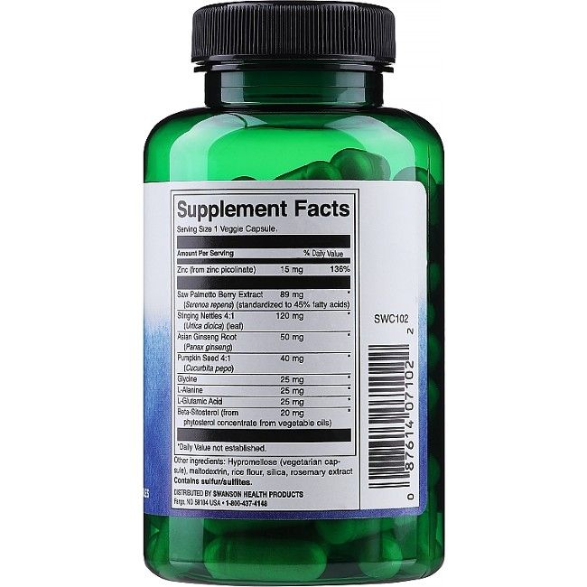 Achterkant groene fles. Etiket met voedingsfeiten en ingrediënten. Bevat zaagpalmextract, brandnetel, zink.