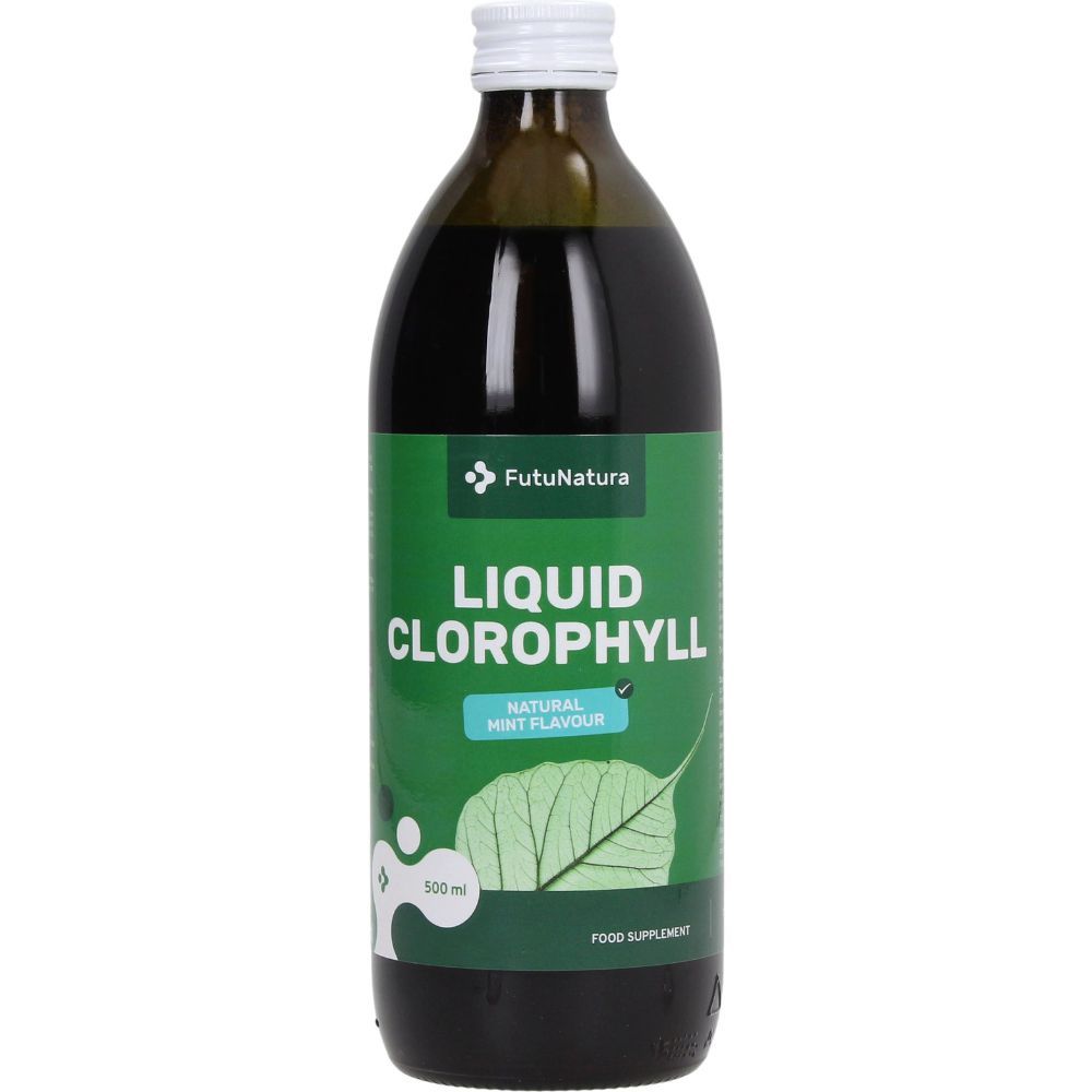 Flacon en verre vert avec bouchon blanc. Étiquette "Liquid Chlorophyll" et "Natural Mint Flavour".