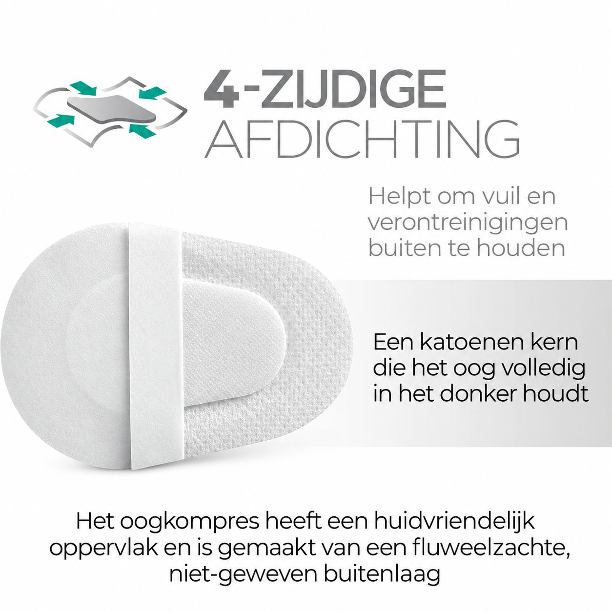 Medrull oogkompres: Close-up achterkant, 4-zijdige afdichting.