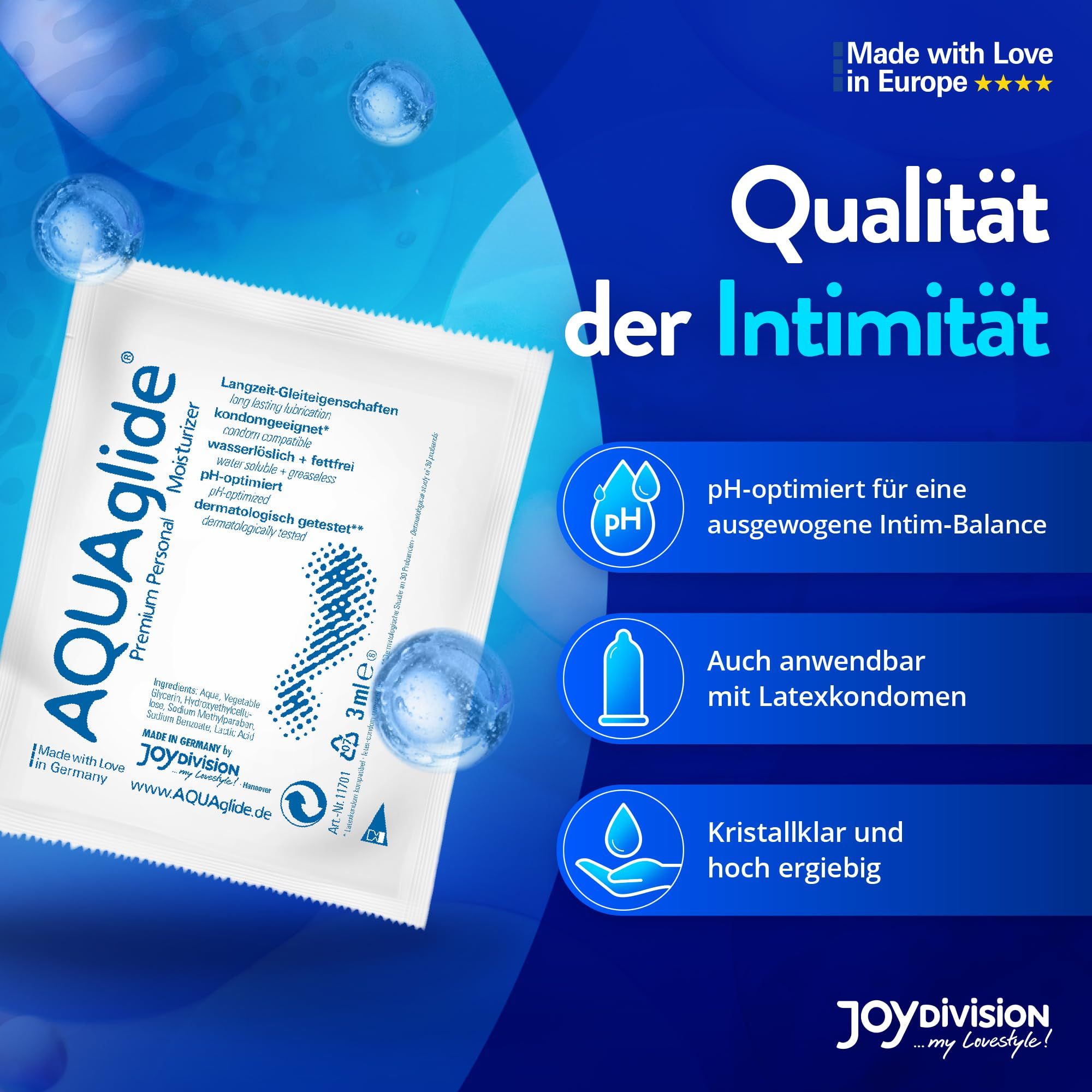 Joydivision AQUAglide Premium glijmiddel individueel zakje met iconen voor pH-optimalisatie en condoomcompatibiliteit.