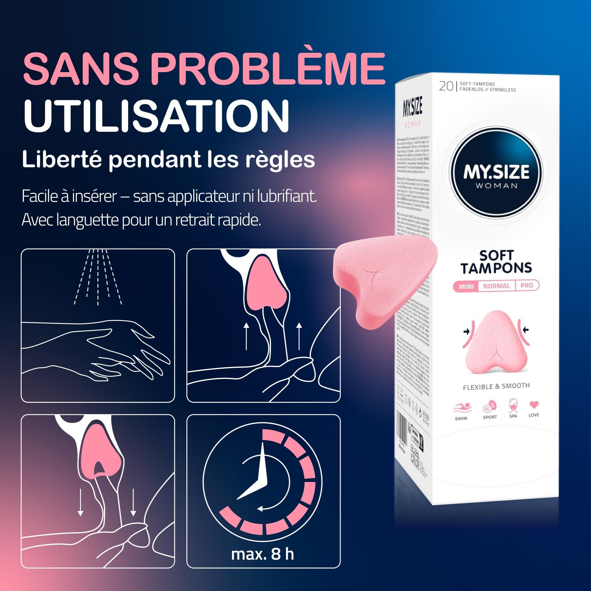 Emballage de tampons doux My.Size Woman, tampon rose visible.