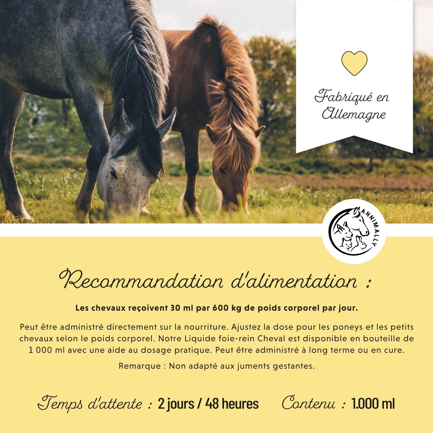 Deux chevaux broutent. Texte sur les recommandations alimentaires et le dosage. Fabriqué en Allemagne.