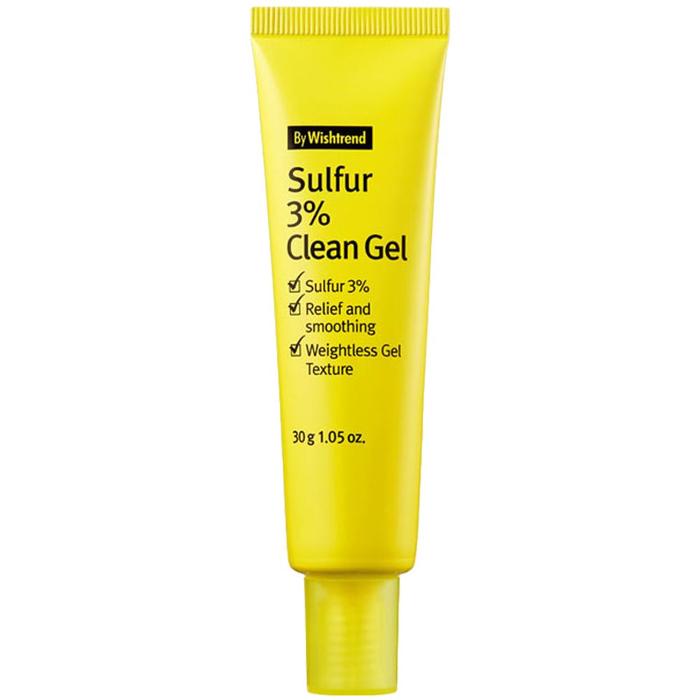 Tube de gel jaune debout, affichant des informations sur le soufre 3% et une texture gel légère.