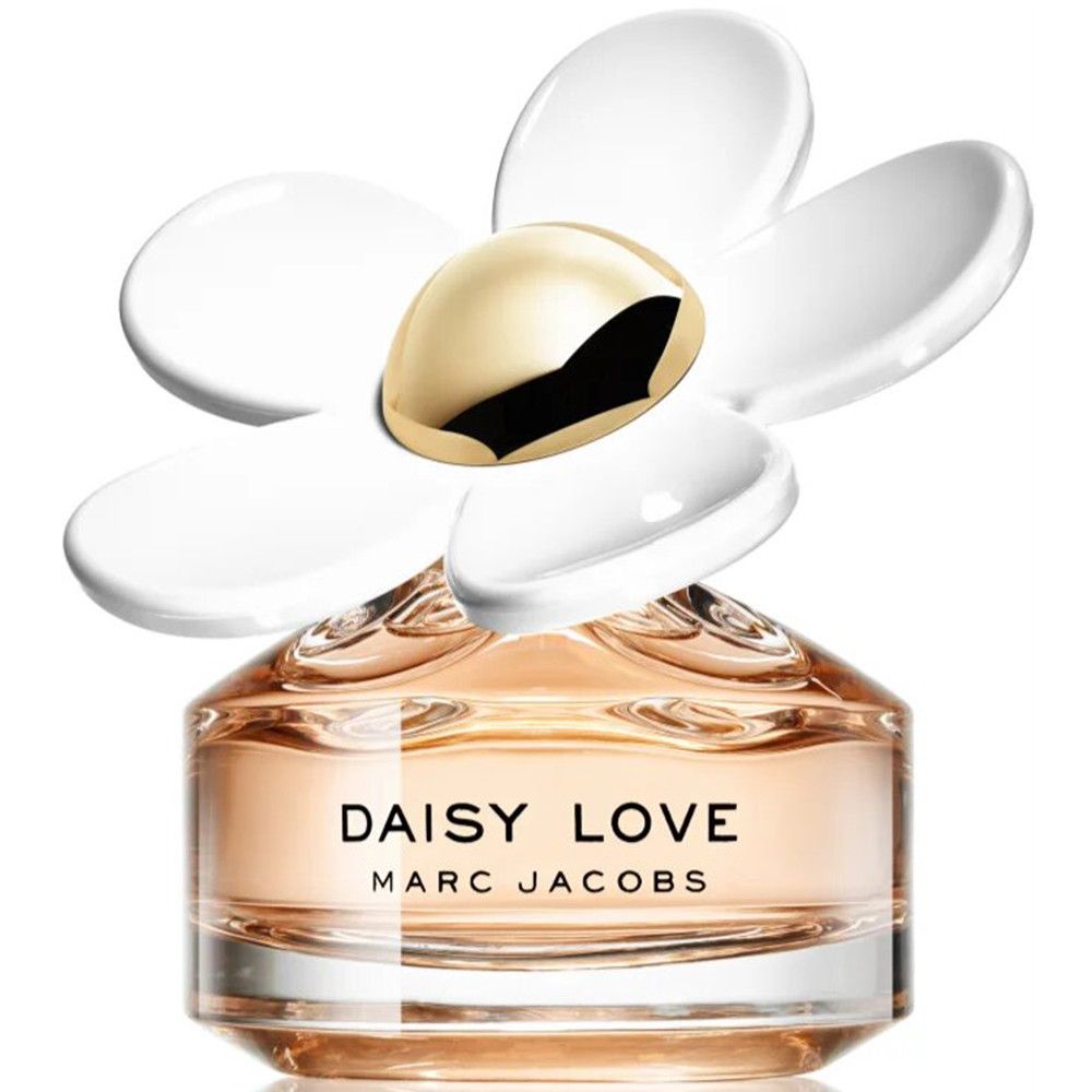 Flacon de parfum avec fleur blanche. Inscription: Daisy Love Marc Jacobs.