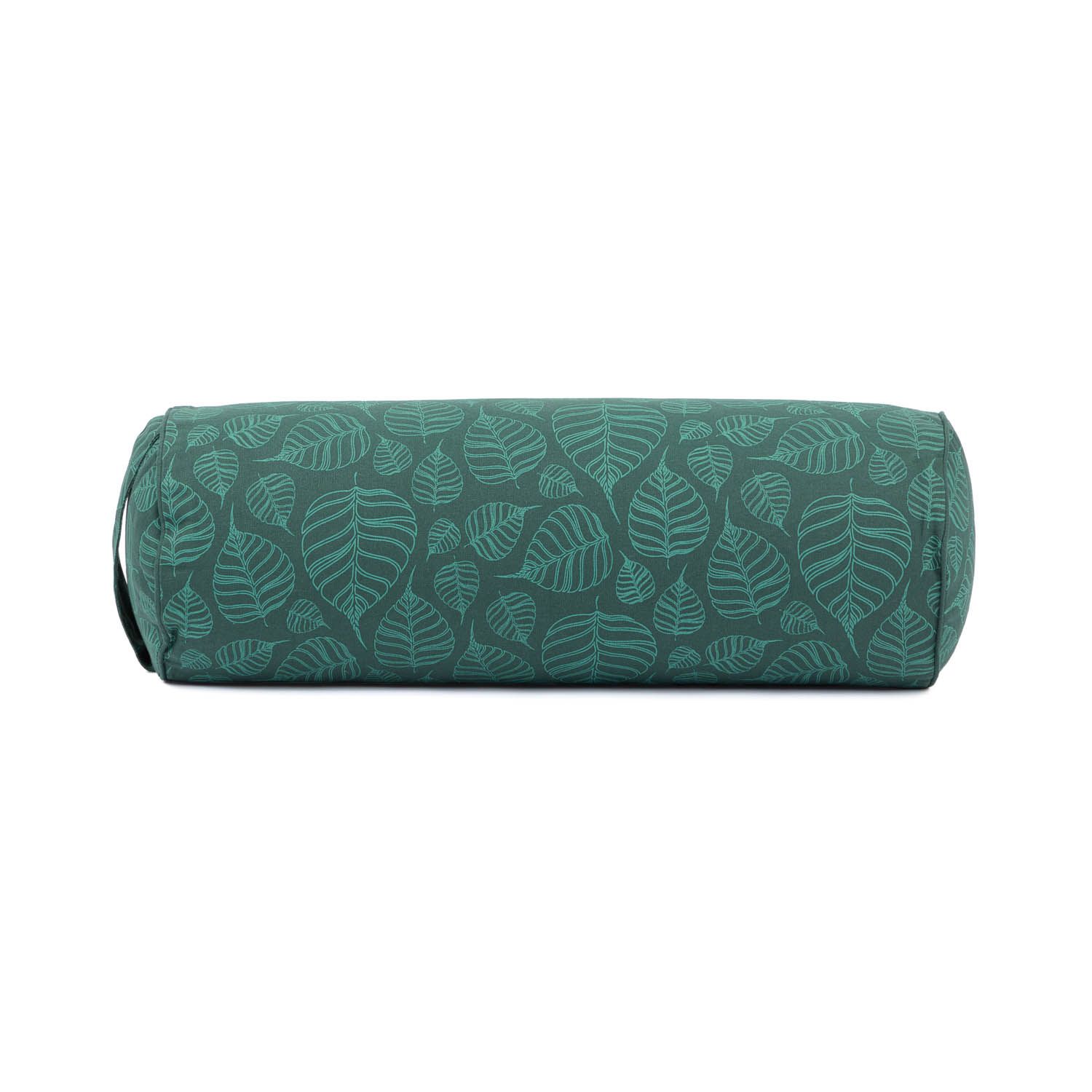 Bolster de yoga rond à motifs de feuilles. Vert avec feuilles vert clair. Forme cylindrique. Housse en tissu.