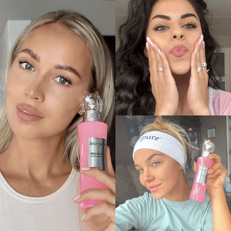 Collage van drie vrouwen die de "Peels So Good" peeling van âme pure vasthouden of aanbrengen.