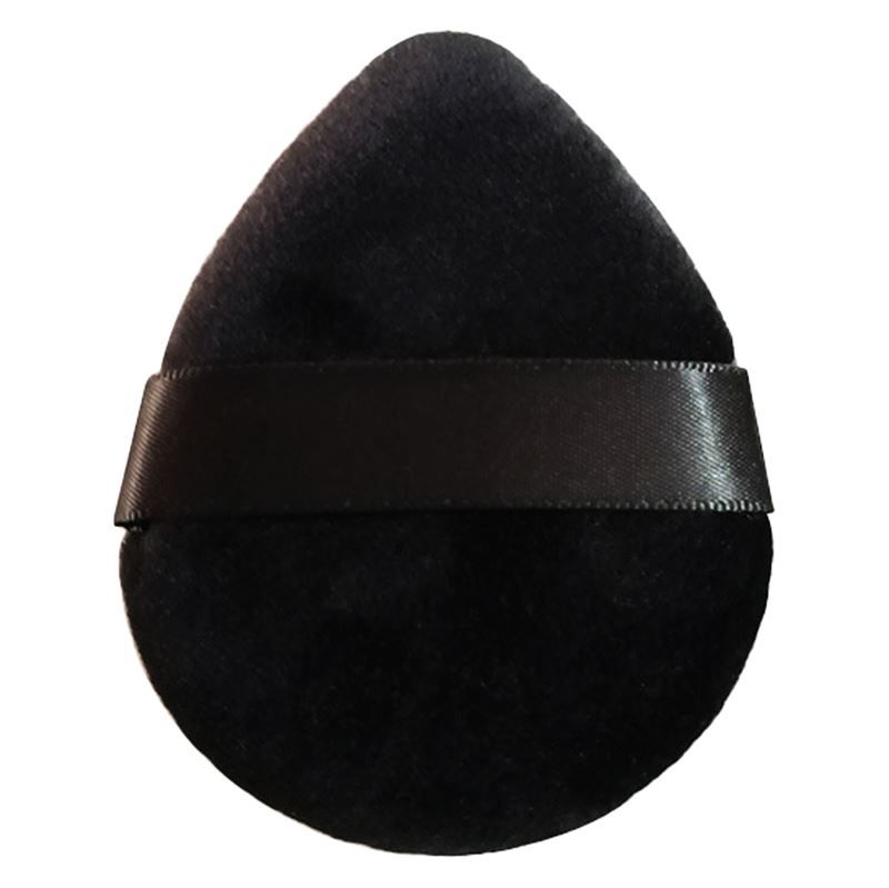 Une houppe à poudre noire en forme de goutte avec un ruban.