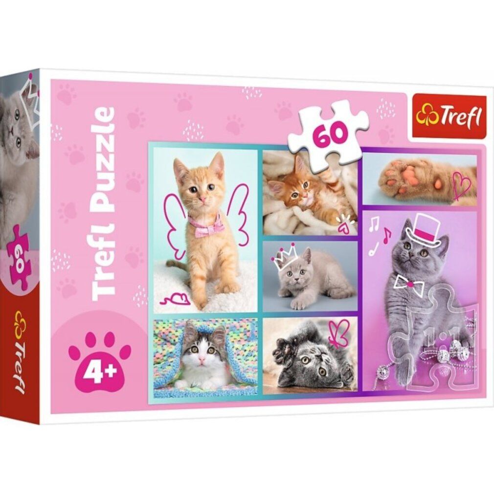 Trefl Puzzle de petits chats mignons, 60 pièces. Emballage rose avec des chats. Recommandé pour les 4 ans et plus. Pièce de puzzle en haut.