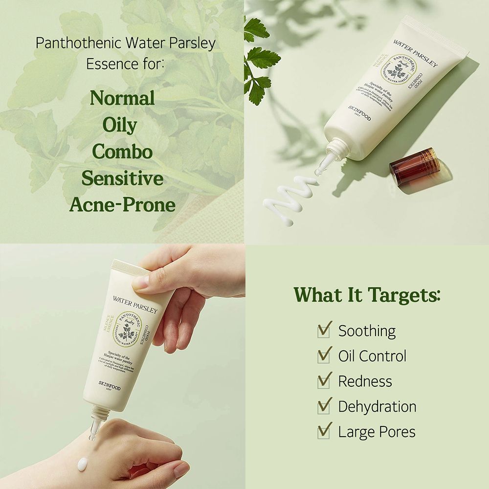 Productcollage. Tube, product op hand, tekst: WATER PARSLEY, SKINFOOD. Richt zich op: Kalmeren, oliecontrole, roodheid, uitdroging, grote poriën.