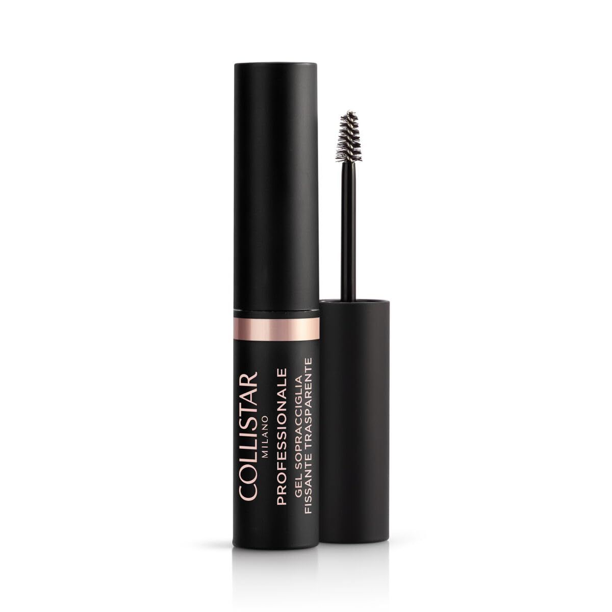 Tube noir avec bande or rose. Texte: COLLISTAR MILANO PROFESSIONALE GEL SOPRACCIGLIA FISSANTE TRASPARENTE. Brosse visible.