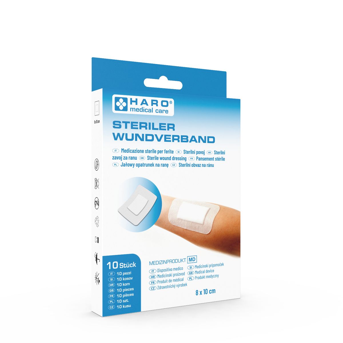 Verpakking met steriel verband. Opschrift: HARO medical care, STERILER WUNDVERBAND, 10 stuks, 8 x 10 cm.