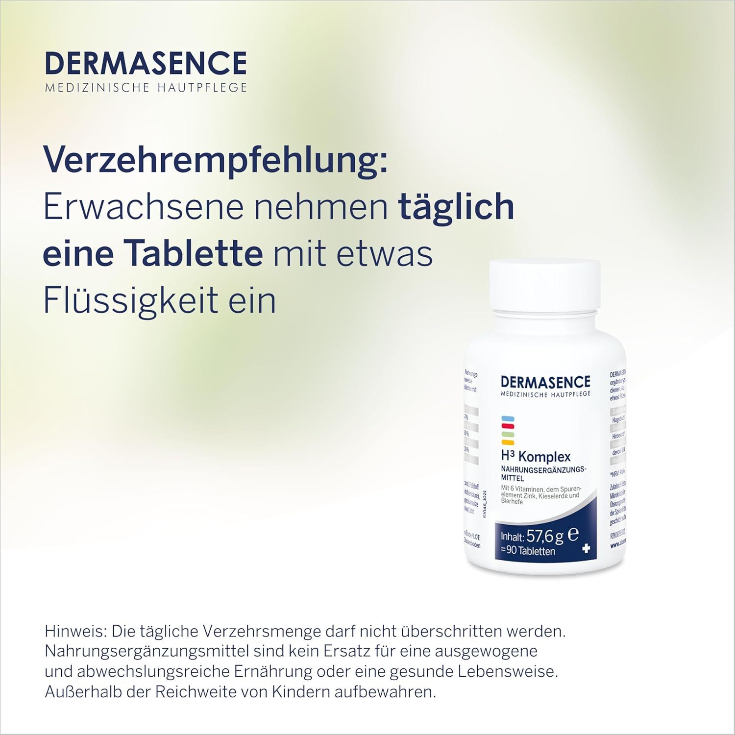 Witte tablettenfles met DERMASENCE H³ Komplex. Bevat 90 tabletten. Tekst: Volwassenen nemen dagelijks een tablet.