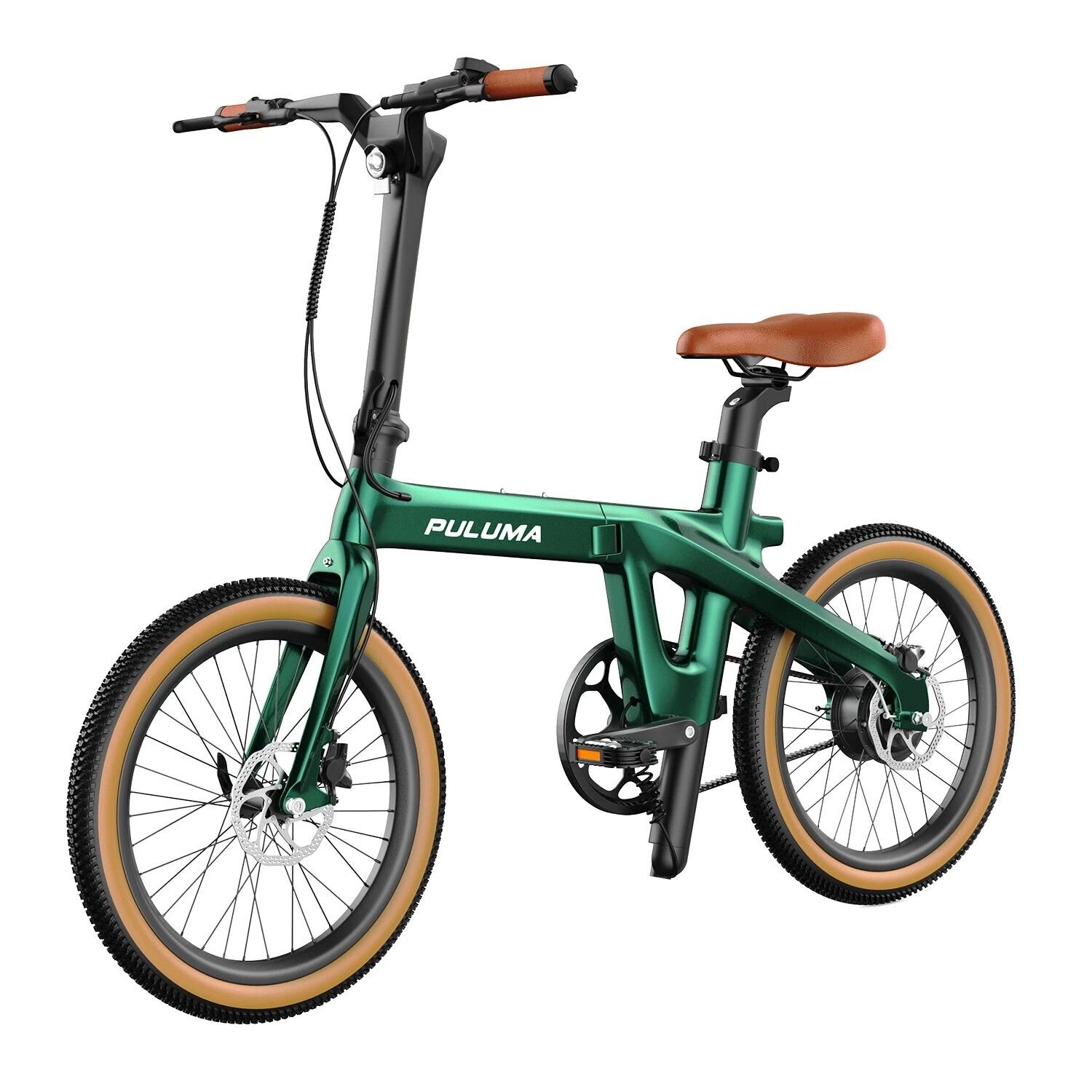 Groene vouwfiets met bruin zadel. Merk PULUMA.